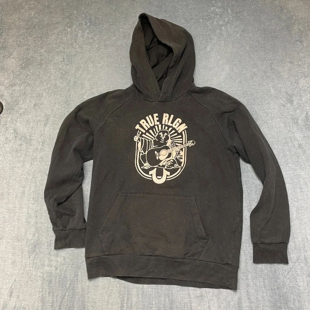 True Religion Hoodie Mens M Black Fleece Lined Buddha Graphic Pullover Cozy